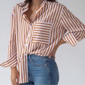 AYR The Deep End Large Brown and White Striped Button Down Apertif Blouse VGUC